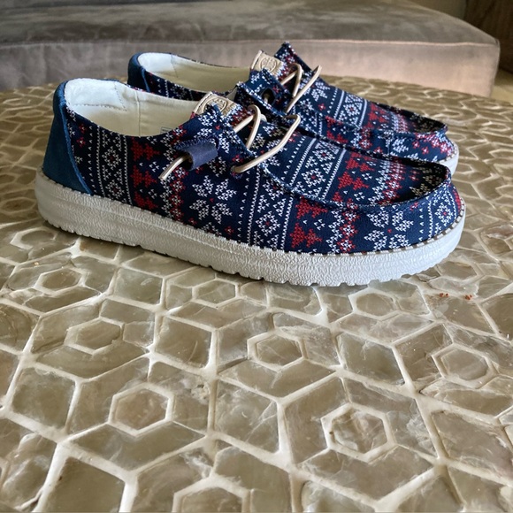 LIKE NEW! Hey Dude Wendy Ugly Sweater women’s slip-ons in ‘Navy/Red/White’ - Picture 2 of 12